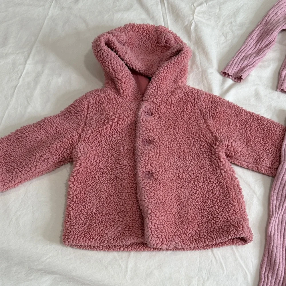 GAP Pink Teddy Coat & Knit Set with Gray Hooded Cardigan